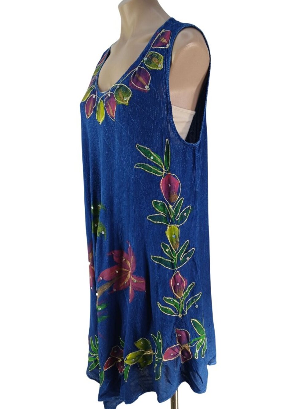Riviera Sun Blue Hand Painted Floral Sleeveless Dress Size 2X Sequins Beachy - Picture 4 of 11